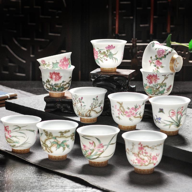 仿古康熙十二花神杯手绘青花斗彩瓷茶杯12只套装景德镇手工陶瓷茶