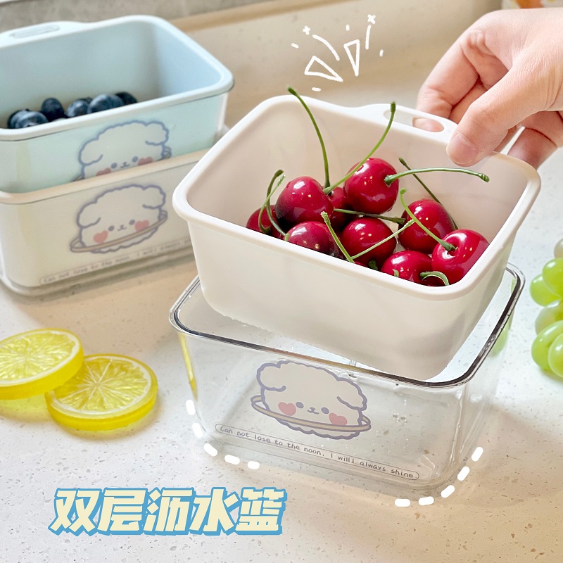 家用果盆洗菜盆双层沥水篮可爱简约厨房果篮卡通透明水果盘ins风