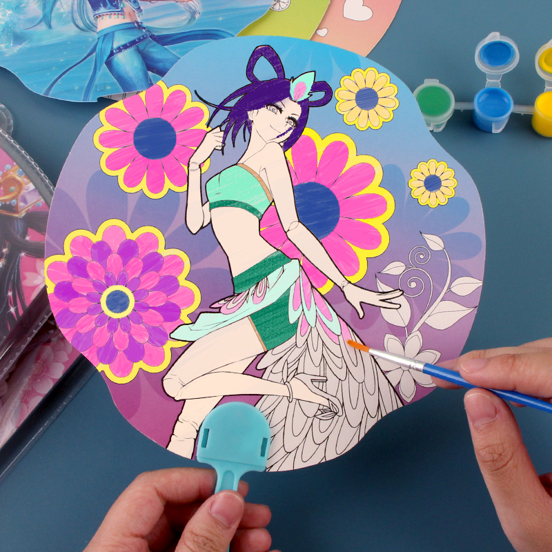 幼儿童叶罗丽扇子画画diy手工制作品女孩公主涂色颜料填色涂鸦画