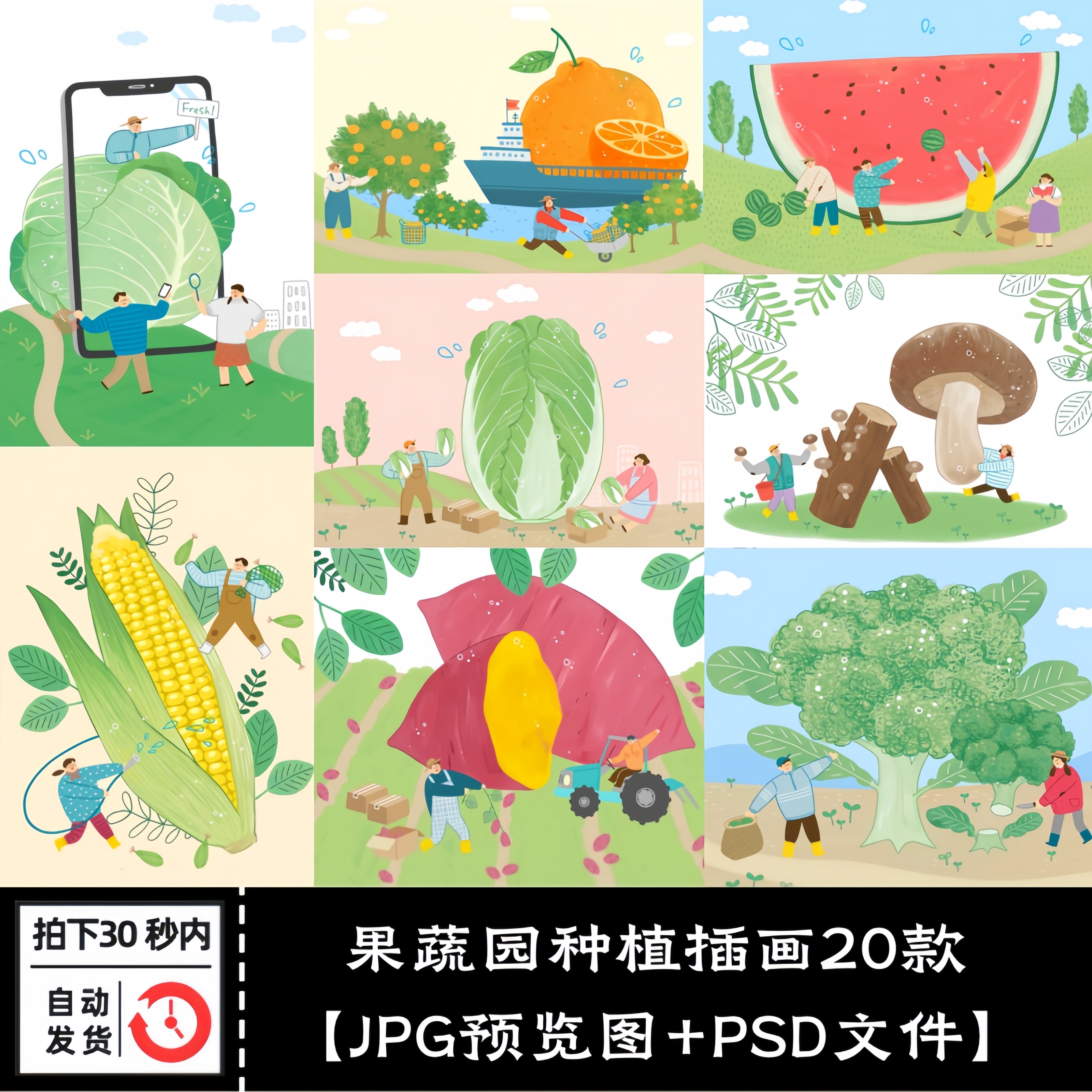 农场水果蔬菜田园种植西瓜红薯手绘卡通插画海报PSD设计素材图案