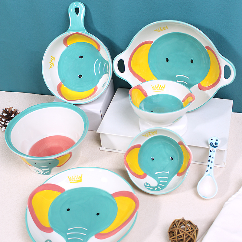 AMH卡通儿童陶瓷碗釉下彩手绘大象图案家用餐具组合米饭碗辅食碗