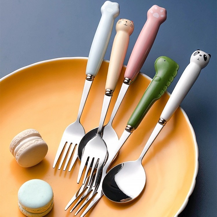 创意不锈钢勺子卡通动物图案陶瓷手柄勺叉清新萌宠兔子儿童餐勺