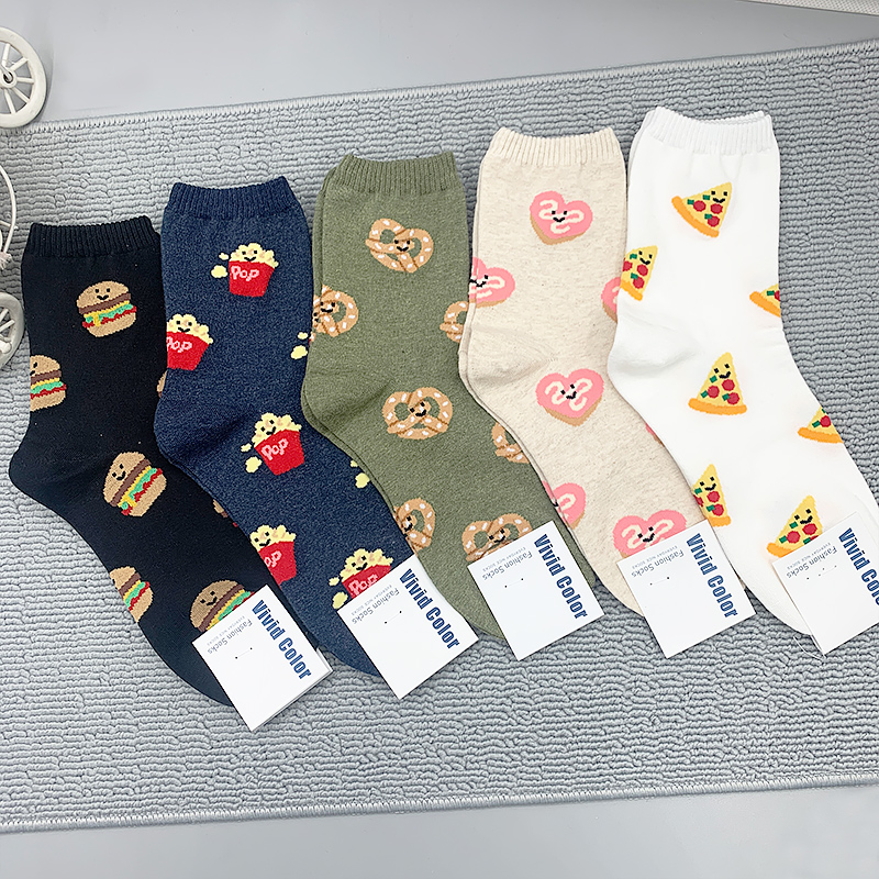 韩国东大门秋冬新款满印卡通汉堡薯条披萨图案可爱女生中筒袜