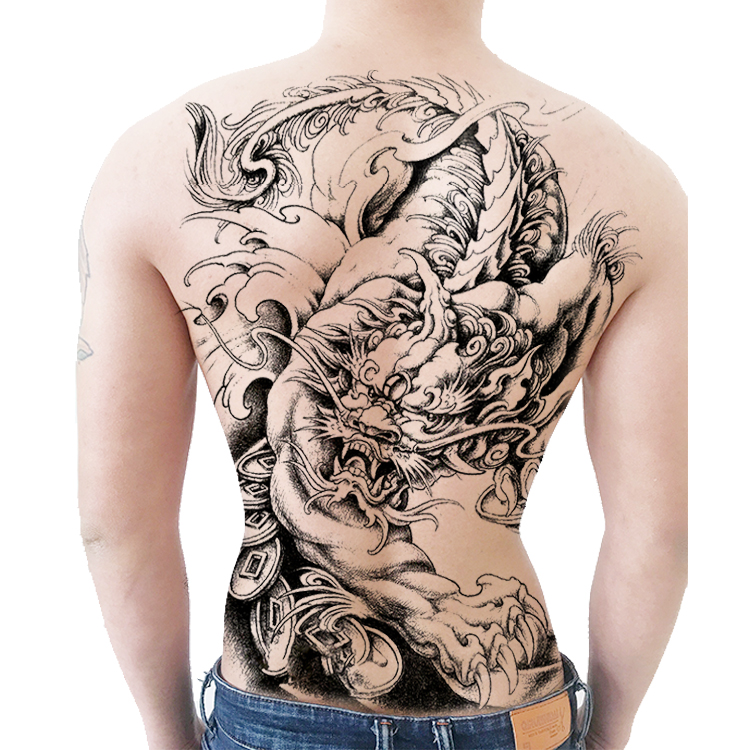 满背大图纹身贴中国风传统艺术彩色麒麟貔貅男女防水仿真刺青持久