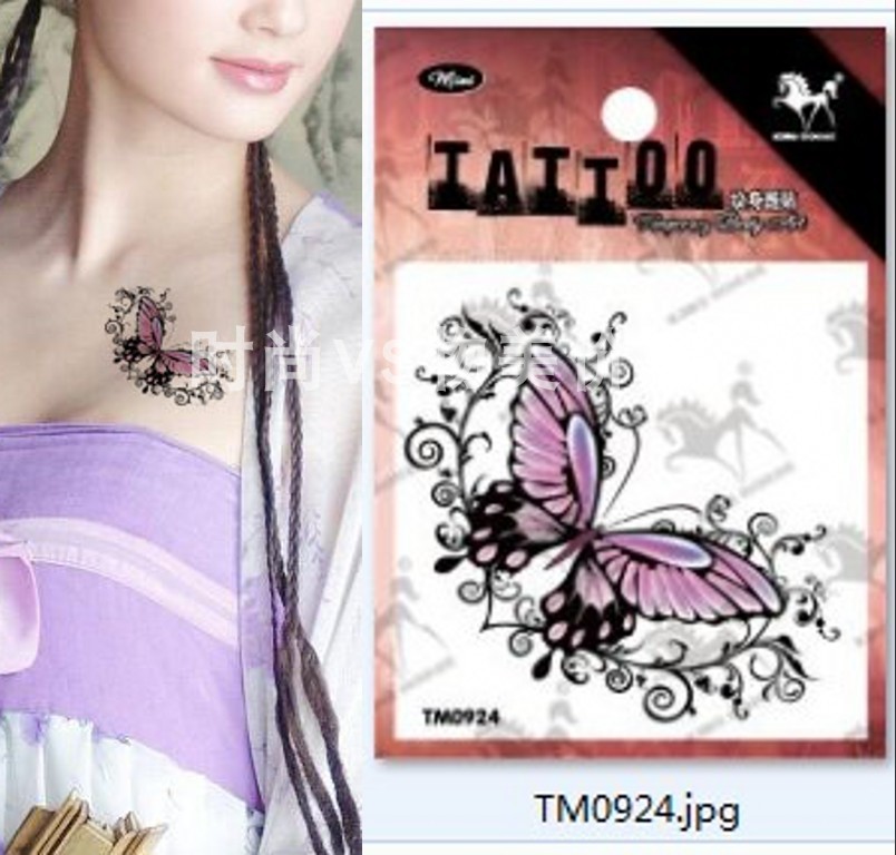 纹身贴防水女持久紫色蝴蝶遮疤痕性感胸部小张小图案满15包邮