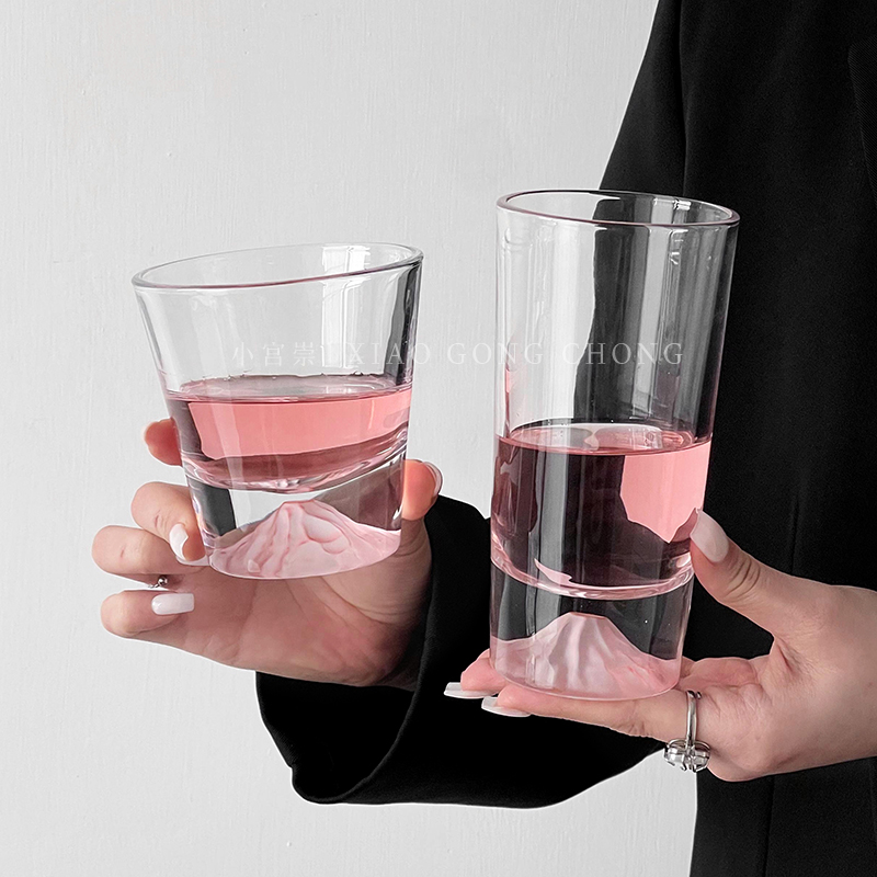 粉色富士山杯樱花雪山杯子小众设计仙女玻璃杯咖啡杯酒杯威士忌杯