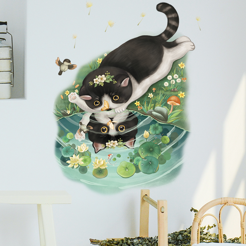 猫咪倒影水面蝴蝶花朵墙贴纸卡通可爱房门马桶贴画寝室学生宿舍