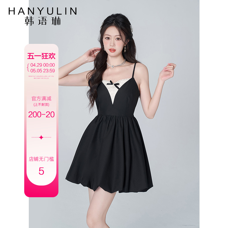 韩语琳黑色吊带连衣裙女短款2024年夏季新款V领高级感生日公主裙