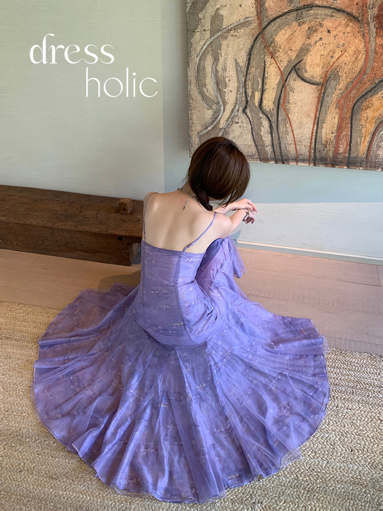 dressholic 莫奈浅紫色油画印花度假风吊带连衣裙 法式茶歇高级感