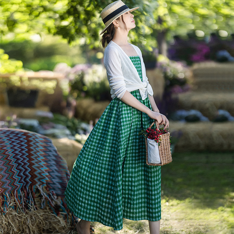 【观自在】原创法式绿方格子无袖吊带连衣裙女夏季高腰设计感长裙