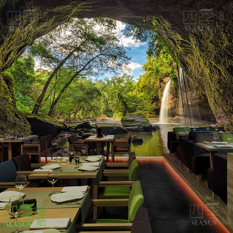 3d立体创意森林墙纸大自然风景网红餐厅烧烤壁画山洞延伸视觉壁纸