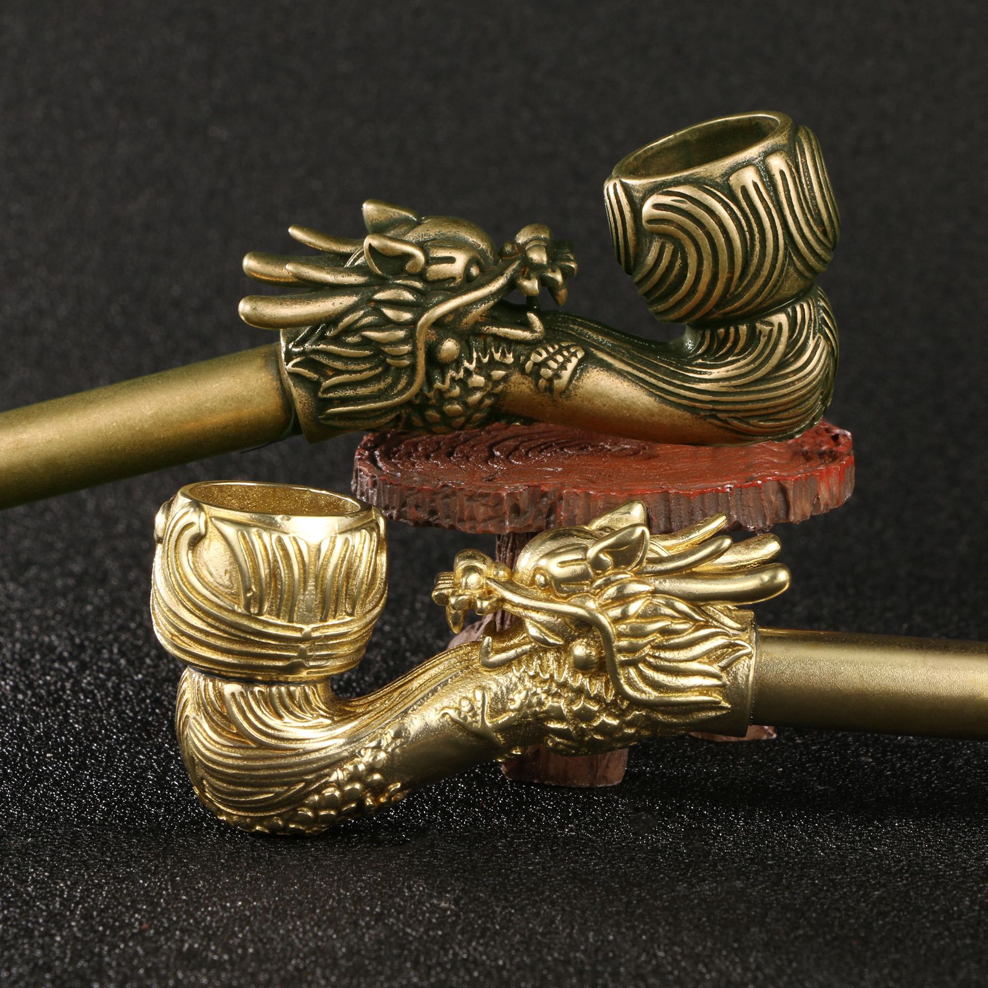 纯黄铜手工匠复古法作旧典藏国风艺术摆件霸气龙头烟杆筒烟斗锅具