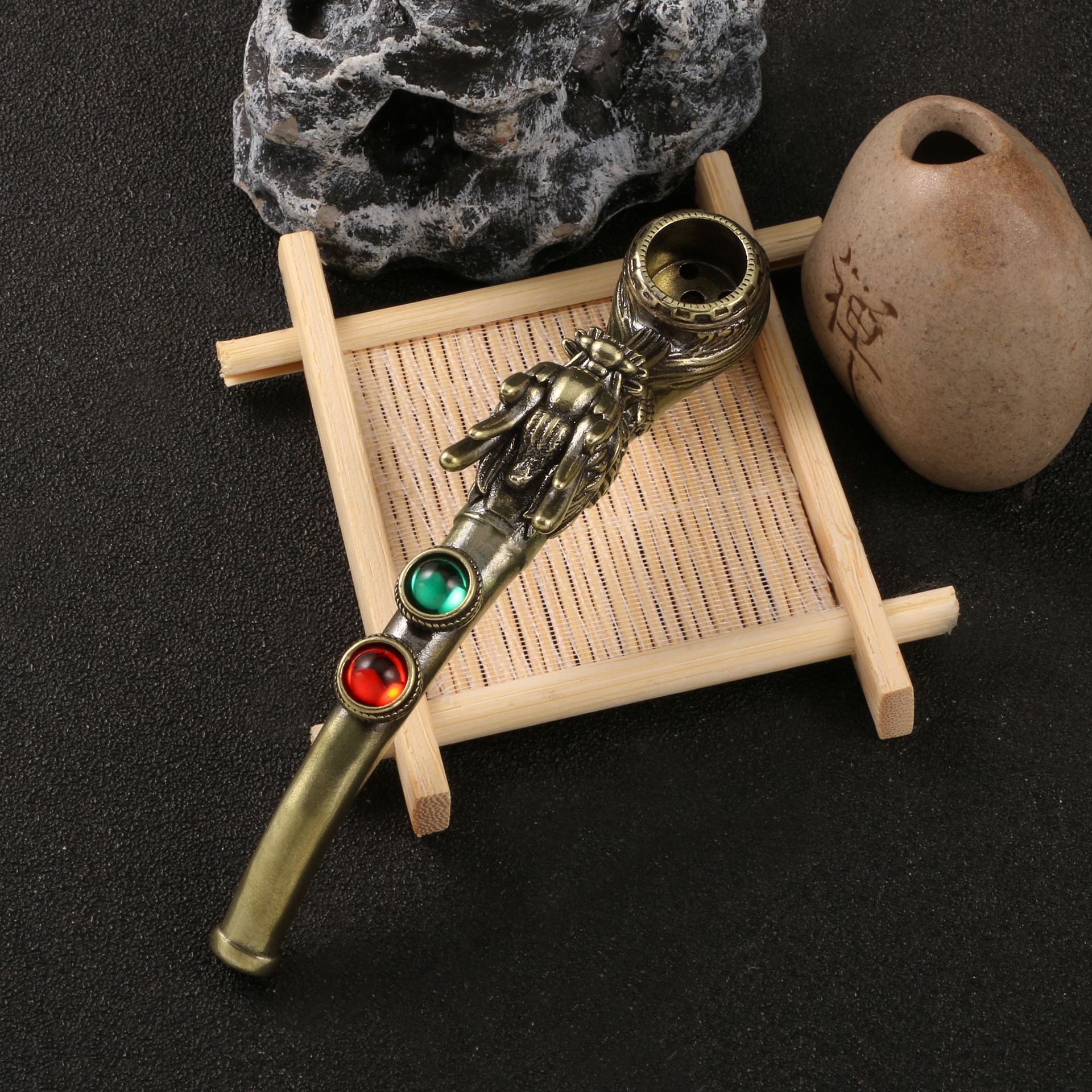 纯黄铜手工匠复古法作旧典藏国风艺术霸气龙头宝石烟斗嘴烟筒收藏
