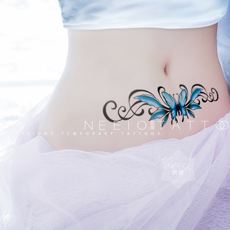 neeio纹身贴 蓝色蝴蝶图腾 性感腰腹部肚子遮挡剖腹产疤痕 防水女