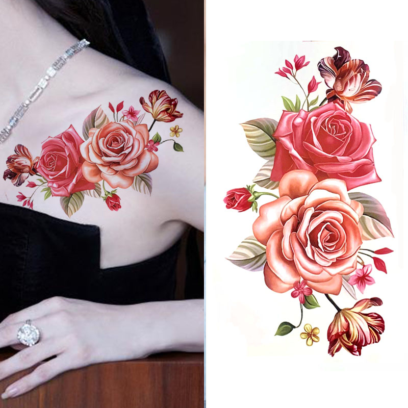 玫瑰花性感花朵剖腹产遮疤疤痕防水持久纹身贴女仿真肩膀腹部