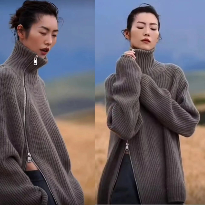 2022冬刘雯同款高领毛衣女设计感外穿上衣灰色拉链针织开叉宽松