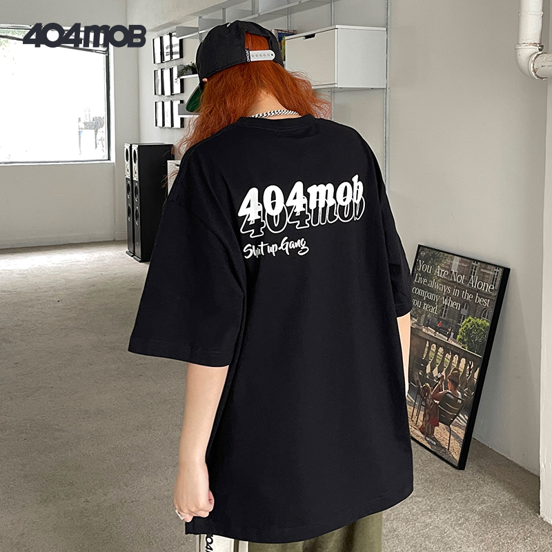 404MOB设计双logo字母印花短袖夏季宽松休闲国潮纯棉T恤男女同款