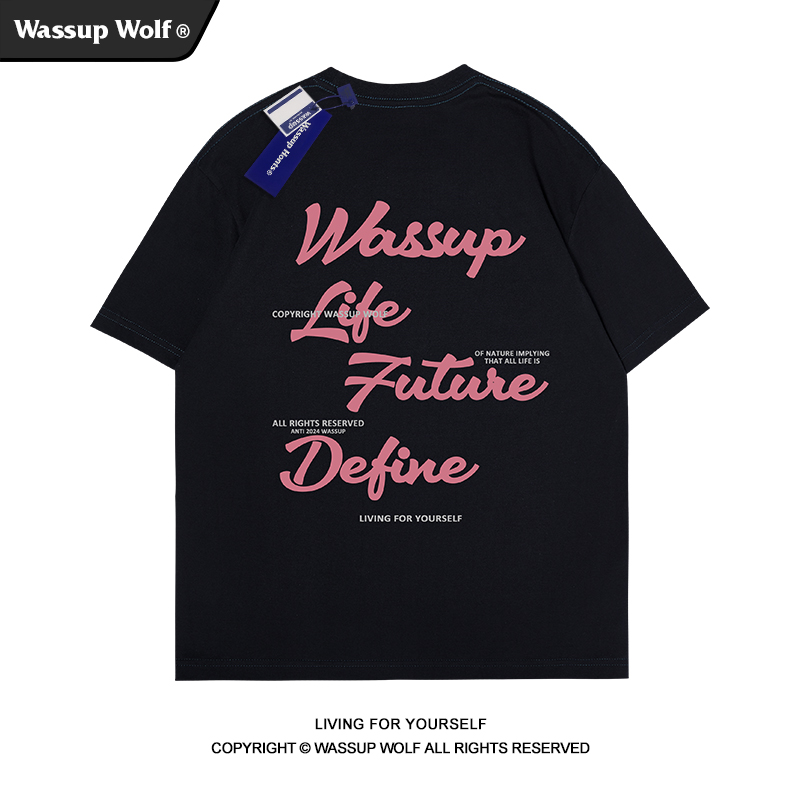 Wassup Wolf设计感创意字母印花T恤短袖男休闲街头风情侣高街上衣