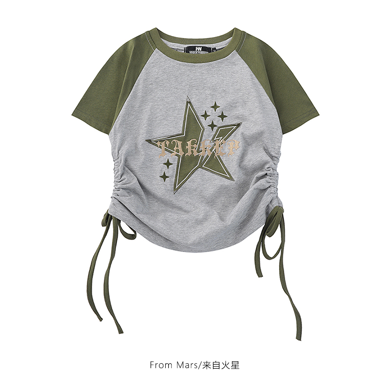 From Mars 破碎的星 创意字母刺绣短款短袖T恤抽绳修身露脐辣妹女