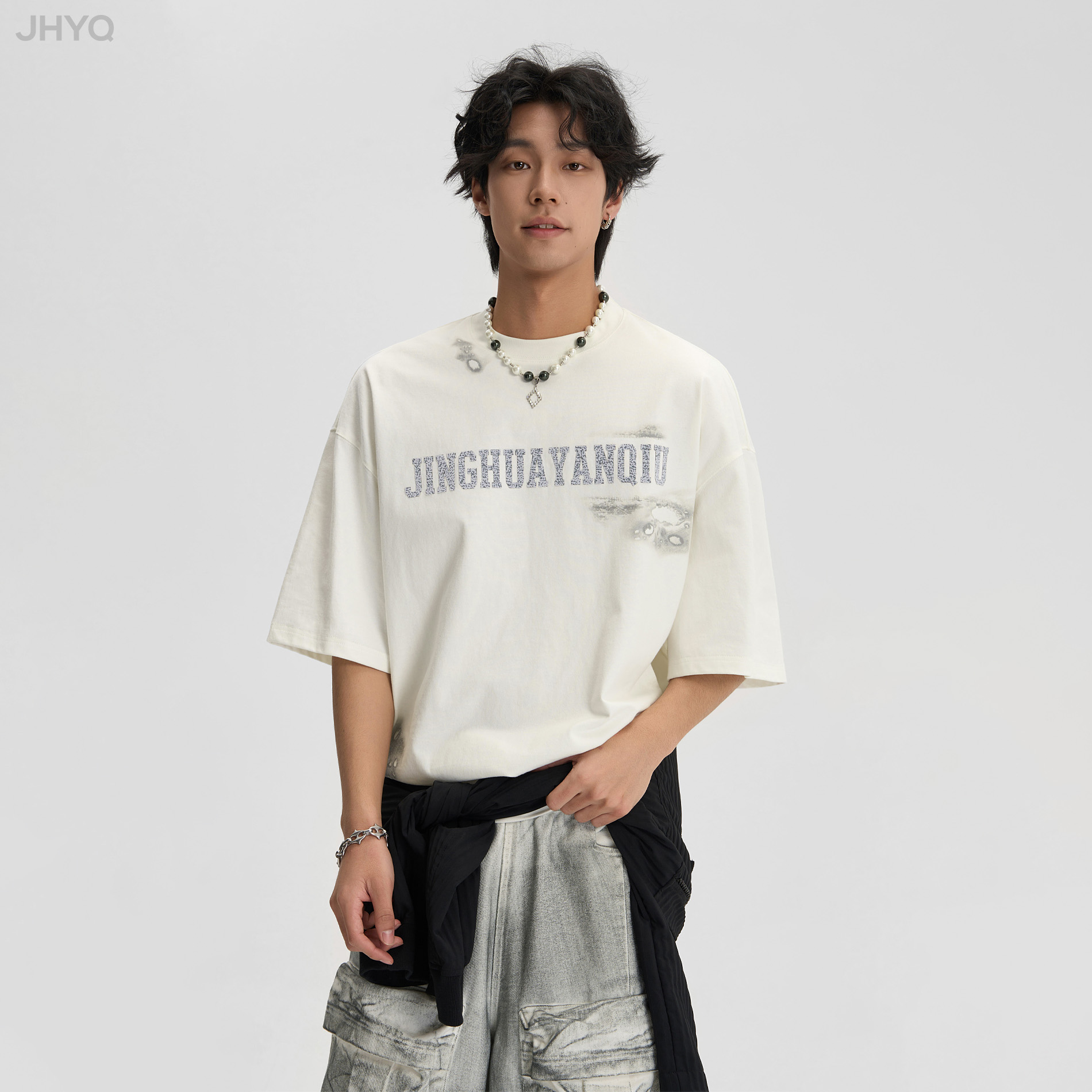 JHYQ夏季美式创意字母logo印花短袖T恤男休闲宽松水洗半袖上衣
