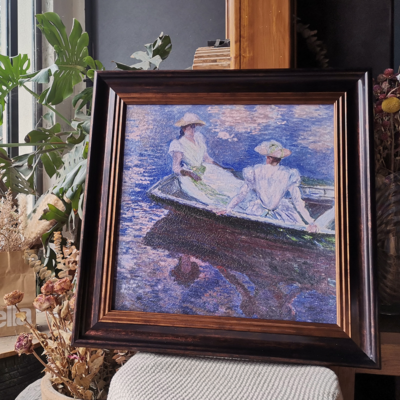 莫奈风景人物油画紫色泛舟复古美式轻奢背景墙床头装饰画挂画摆件