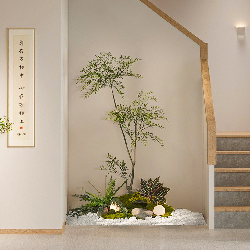 森空间楼梯下造景角落南天竹装饰仿真花假花绿植植物景观软装摆件