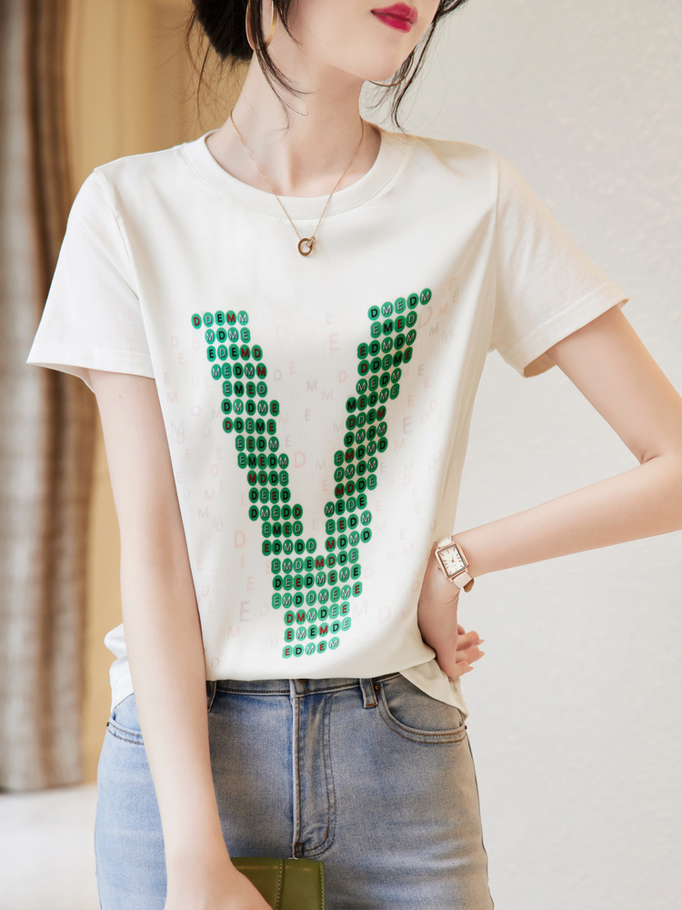 德M纳女装白色印花短袖T恤夏季新款圆领简约设计感字母印花短袖T