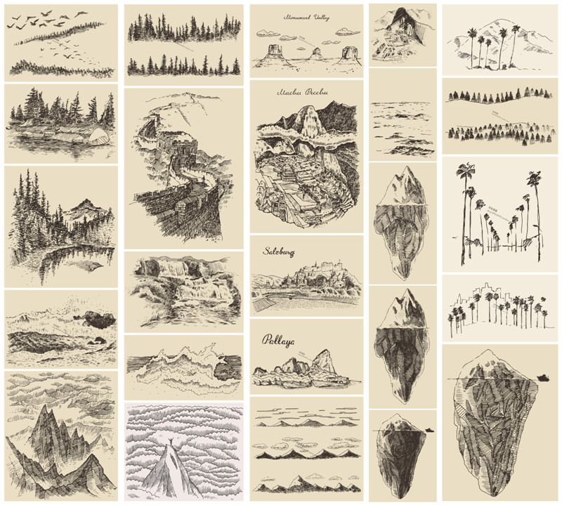 矢量设计素材 25张手绘线稿钢笔铅笔画风格风景森林山脉长城 EPS