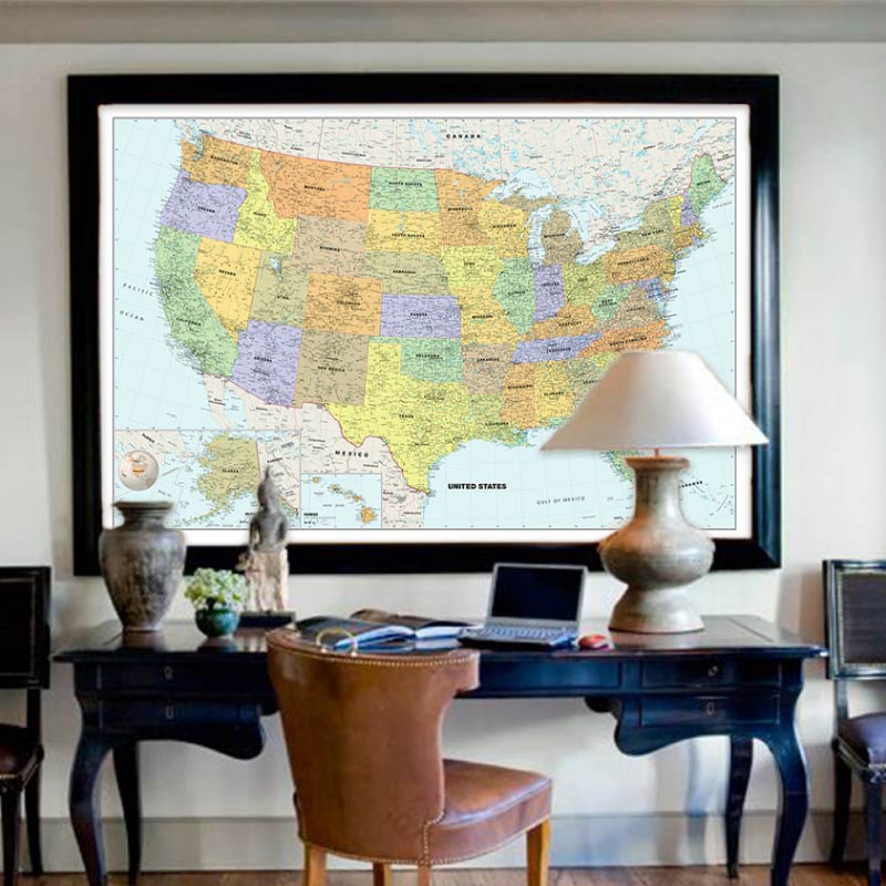 美国行政区划地图仿古英文实用版布画芯办公教室装饰画大型背景墙