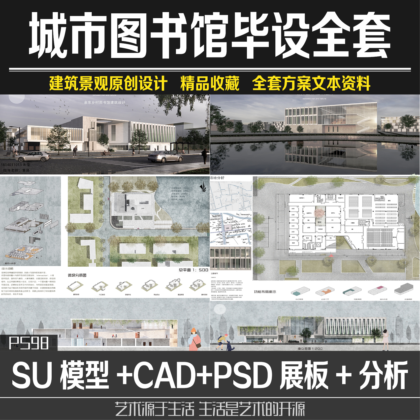 Y29 城市图书馆展览馆设计CAD平面SU模型psd展板效果图全套毕设方