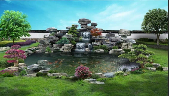 别墅庭院小型鱼池净水加上假山流水景观 青色千层石石材 设计安装