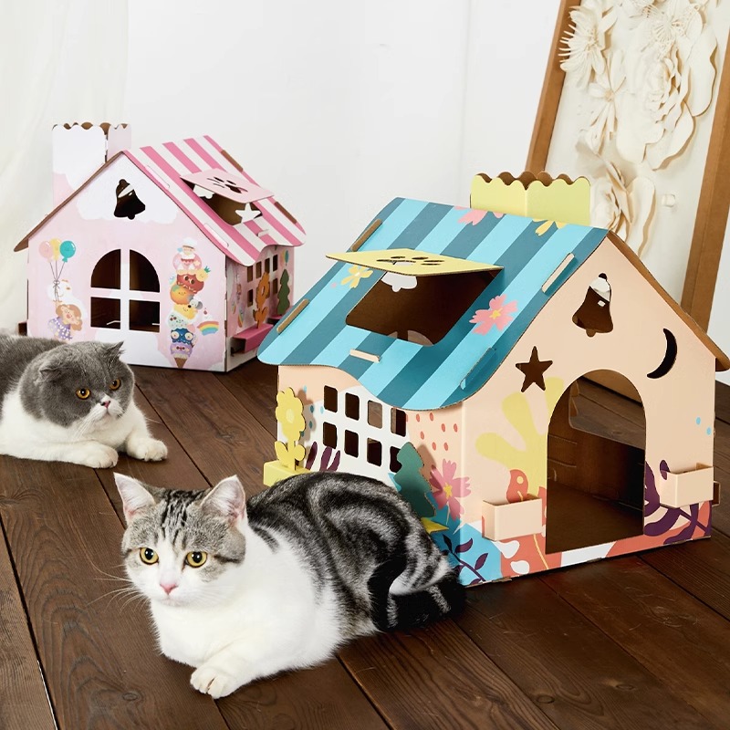 猫咪纸箱屋猫窝猫抓板一体立式盒子彩色可爱瓦楞纸磨爪用品猫玩具