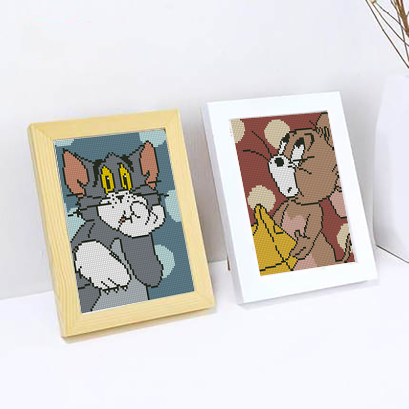 2023卡通十字绣汤姆杰瑞钻石画小件猫和老鼠带框儿童小件简单自绣