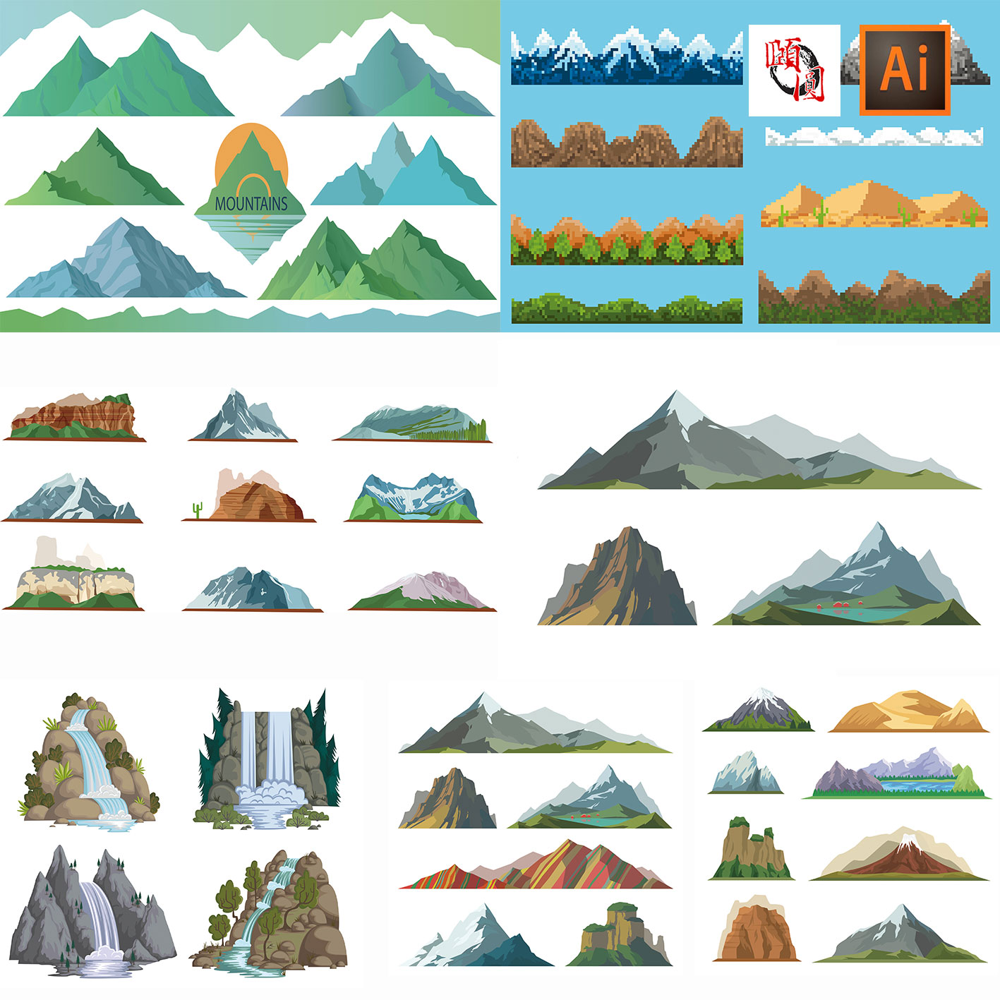 AI矢量手绘鼠绘矢量山脉山峰山石火山瀑布自然景观插画设计素材