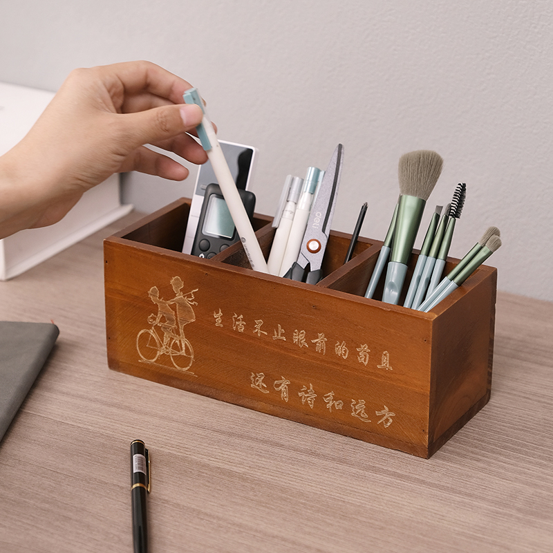 创意时尚多功能实木笔筒办公室桌面复古笔桶中国风收纳盒定制logo