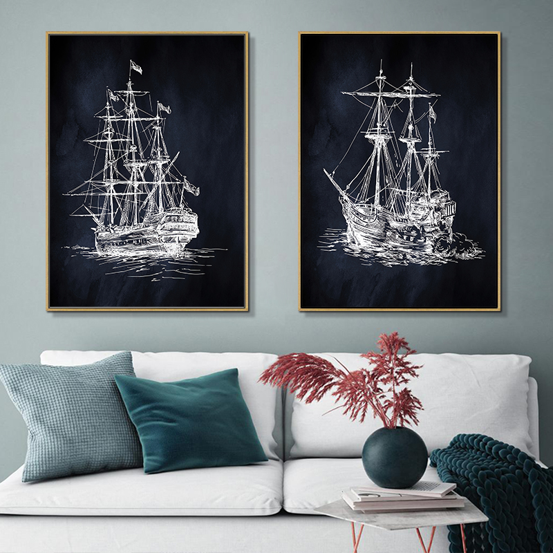 蓝色水彩手绘欧式帆船装饰画客厅抽象大海船书房挂画走廊乘风破浪