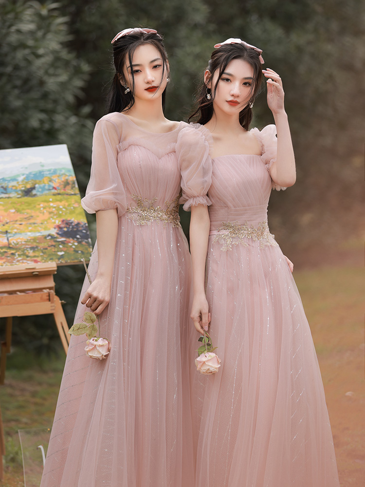 直销粉色伴娘服2023新款冬季姐妹团长款仙气质显瘦高级婚礼晚礼服