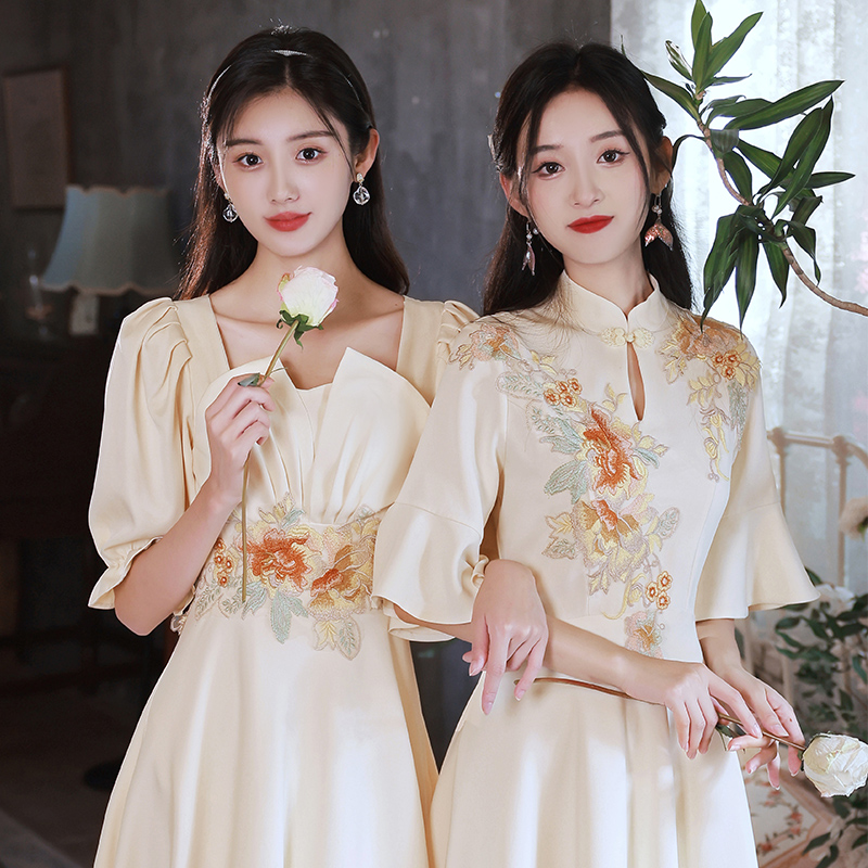 中式伴娘服2024新款夏季姐妹团礼服小个子平时可穿大码旗袍伴娘裙