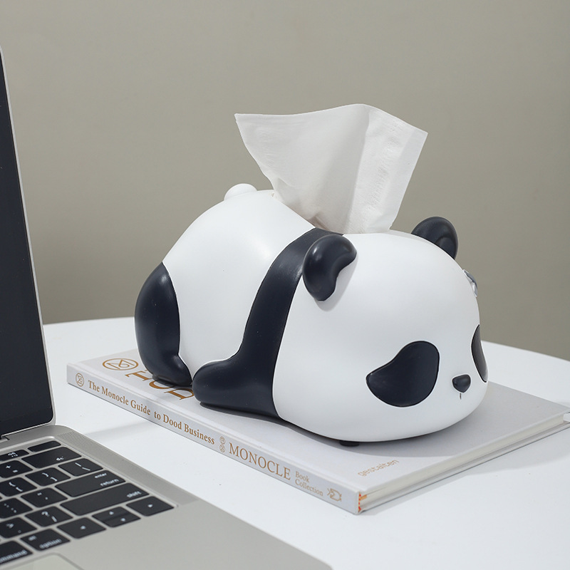 创意可爱熊猫纸巾盒客厅装饰品摆件茶几家用抽纸盒手工树脂工艺品