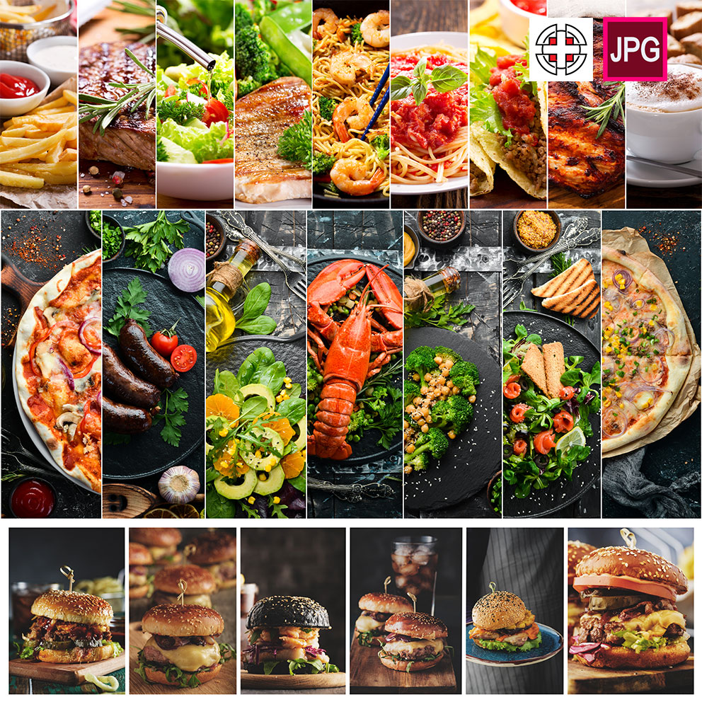 火锅披萨海鲜腊肠牛排汉堡各种美食拼图高清背景图片设计素材