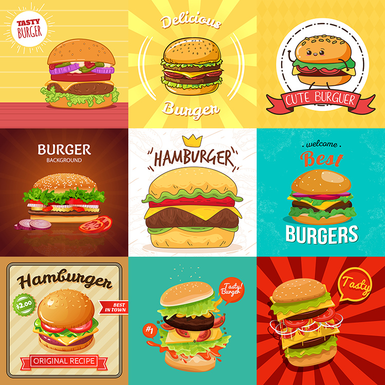 汉堡包插画 卡通西式快餐高热量食物宣传海报 AI格式矢量设计素材
