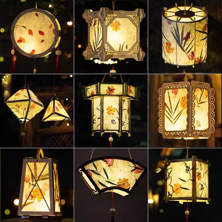 春节创意儿童手工diy灯笼材料包古风花草纸汉服手提宫灯实木花灯