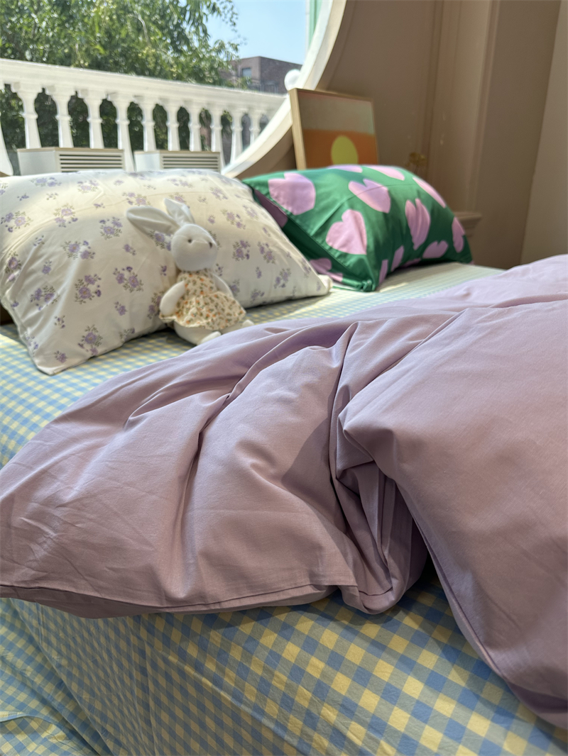 少女日式纯色香芋紫混搭黄绿格四件套水洗棉1.5m1.8米公寓被套三