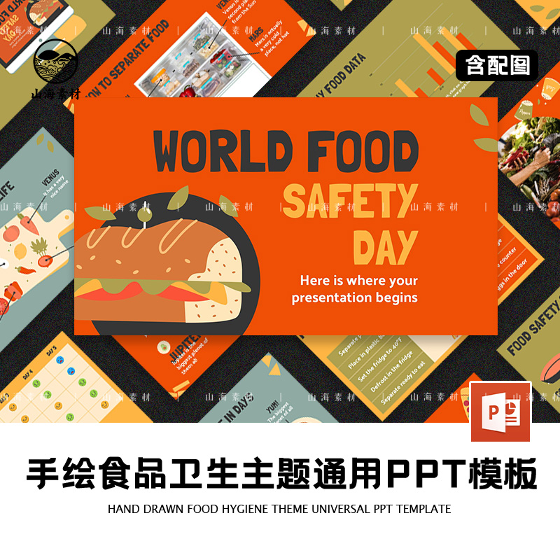 世界食品安全日PPT模版卡通设计美食餐饮粮食餐厅活动宣传图主题