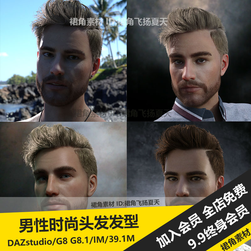 DAZ3D Studio 欧美男性经典帅哥短发造型头发发型 3d模型素材