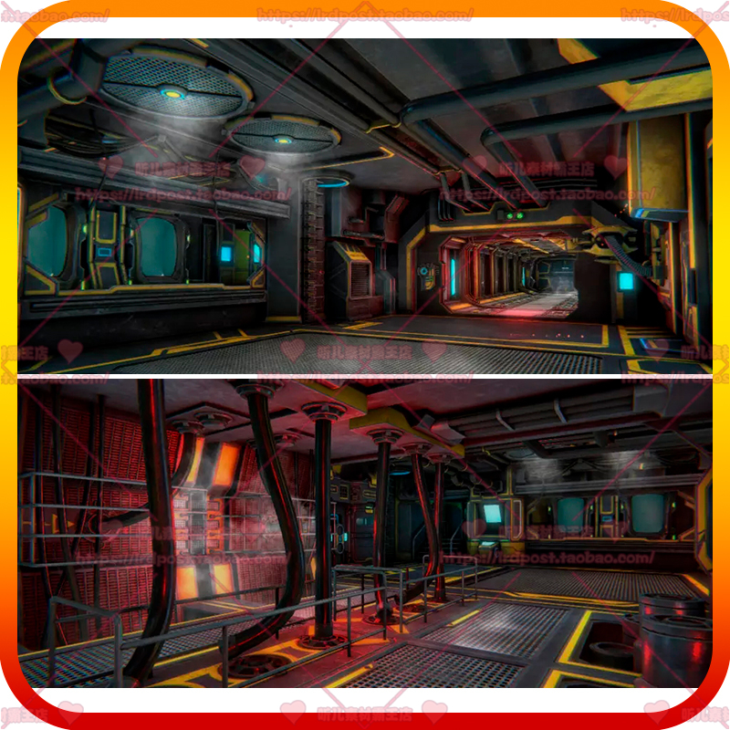 Unity3d生存类科幻射击游戏场景 机械大门电缆管道楼梯硬表面模型