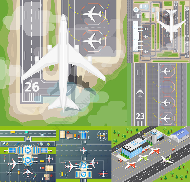 飞机跑道俯视图 卡通机场停机坪航站楼背景 AI格式矢量设计素材