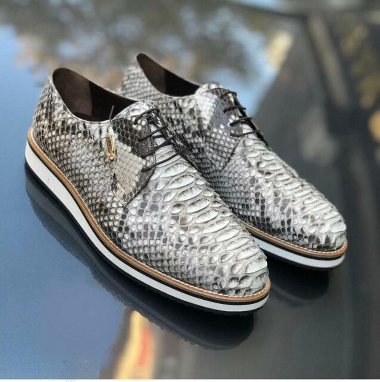 专卖22800 ZILLI 灰色 醉高品质 非洲野生蟒蛇皮 手工 休闲鞋