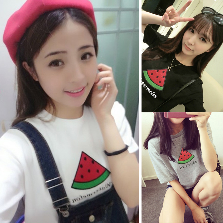 夏季新韩版小清新 可爱全身水果印花宽松卡通图案学院风短袖T恤女