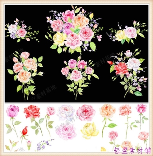 唯美森系手绘淡雅粉色玫瑰花朵花束叶子 PNG免扣请柬卡片设计素材